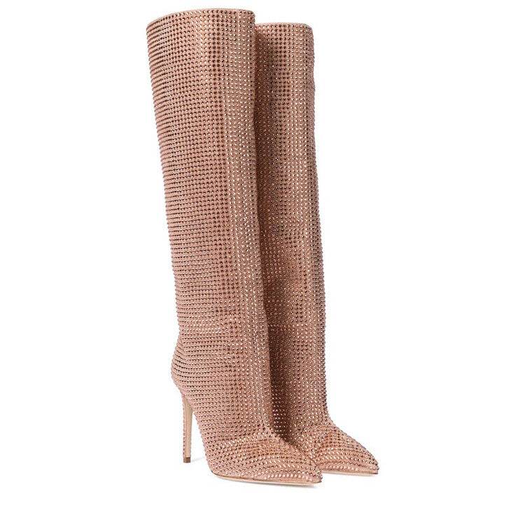 Women's Fashion Pointed Toe Stiletto Rhinestone Tall Boots - Mubimart
