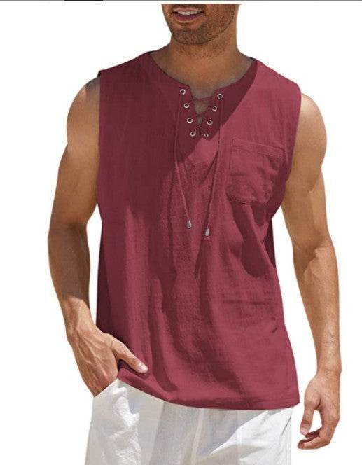 Summer Tank Vest Men Shirt Collar Tie Short Sleeve T-Shirt - Mubimart