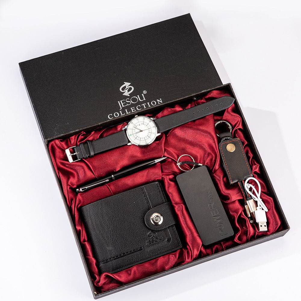 Mens Boutique Gift Set Wallet Power Bank Keychain Large Dial Quartz Watch - Mubimart