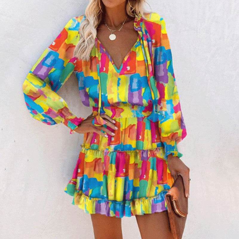 Flowers Print Long Sleeve Dress Fashion Patchwork Puff Sleeve Waist Dresses Womens Clothing - Mubimart