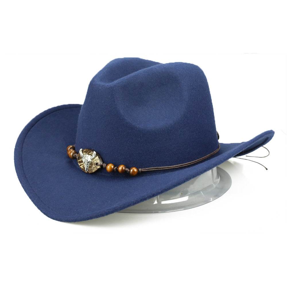 Western Cowboy Hat Wooden Bead Bull Head Fedora Hat - Mubimart