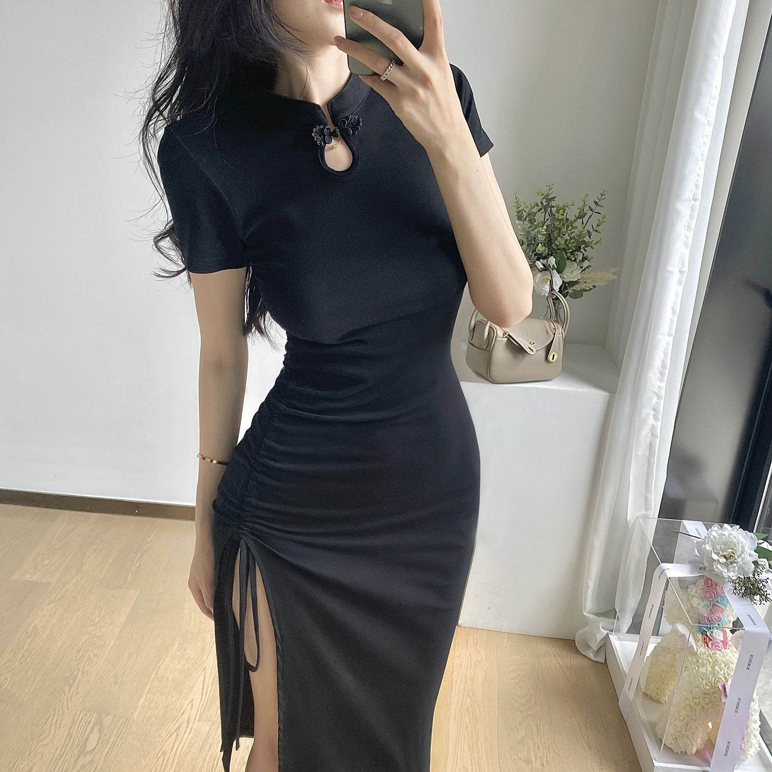 Black Ruched Bodycon Mid Length Dress - Mubimart