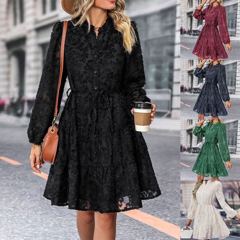 Lace Tied Long Sleeve Dress Fashion Medium Length Dresses Womens Clothing - Mubimart