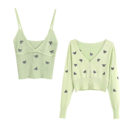 Women Fashion Butterfly Embroidery Cropped Knitted Blouses Vintage - Mubimart
