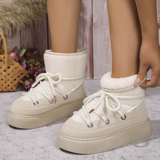 Fashion Lace-up Snow Boots Winter Flat Thick-soled Height-enhancing Cotton Shoes For Women Casual Warm Short Boot - Mubimart