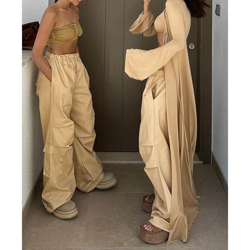 Solid Color Casual Slim-fit Commute Multi-pocket Cargo Pants Women - Mubimart