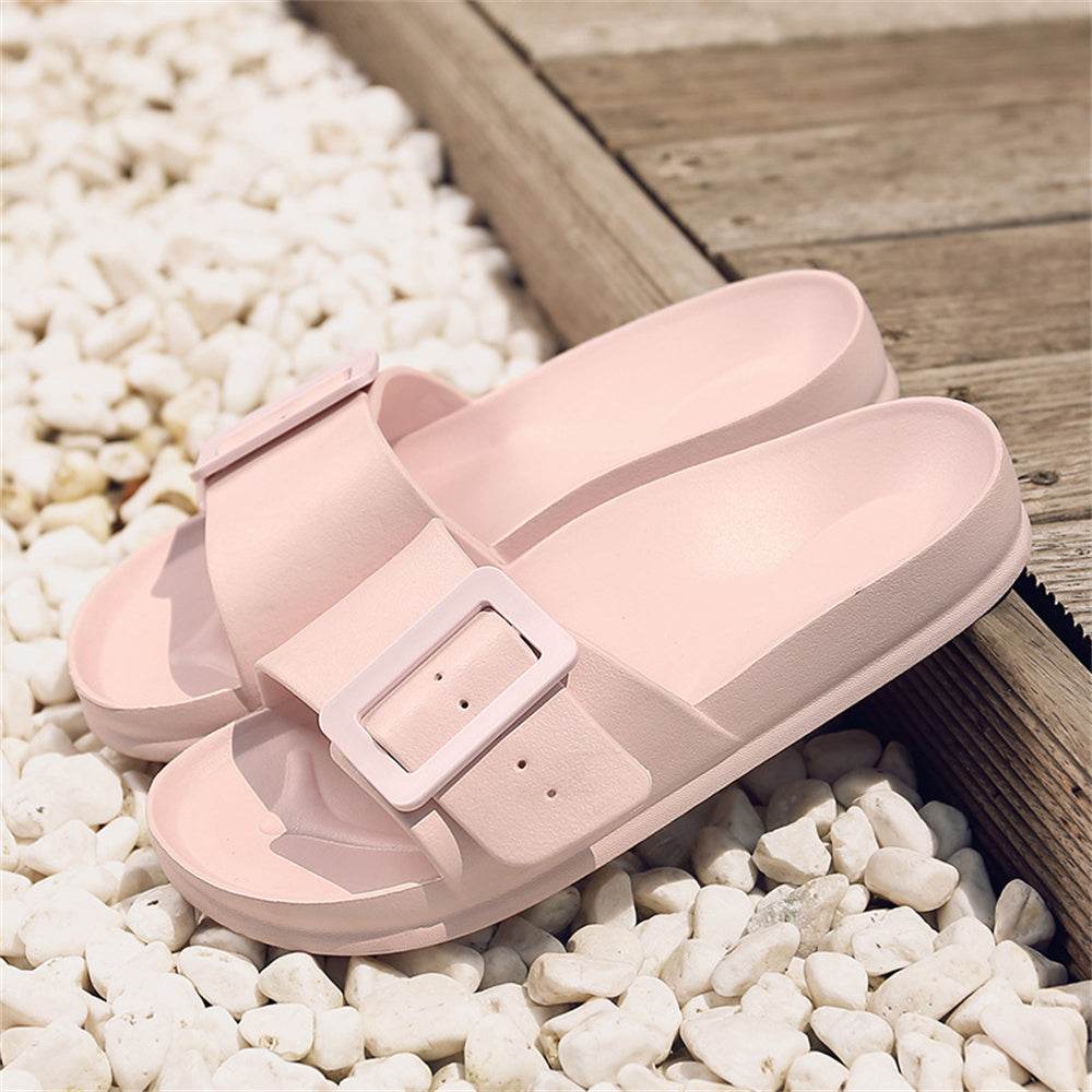 Solid Buckle Home Slippers Summer Non-slip Floor Bathroom Slipper Women Garden House Shoes - Mubimart