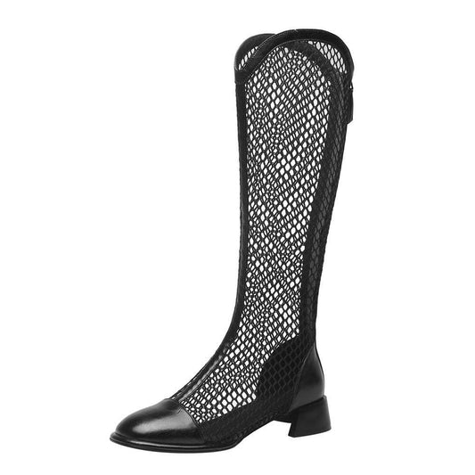 Women's Chunky Heel Square Toe Mesh Tall Boots Back Zip - Mubimart