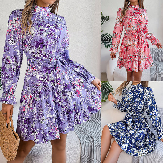Standing Collar Floral Print Waist-controlled Long Sleeves Ruffled A-line Dresses For Women Spring Autumn Ruffle Edge Long Dress