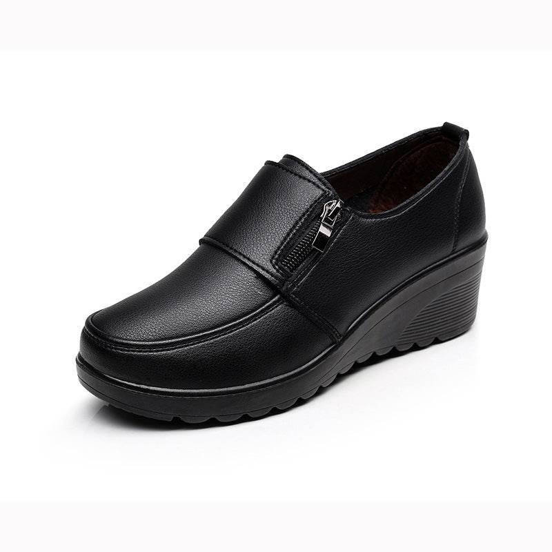 Spring And Autumn Mid Heel Soft Bottom Wedge Black Work Shoes - Mubimart