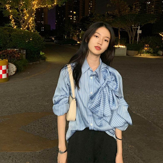 Casual Blue Striped Shirts For Women Lapel Long Sleeve Korean Bowknot Patchwork Blouses - Mubimart