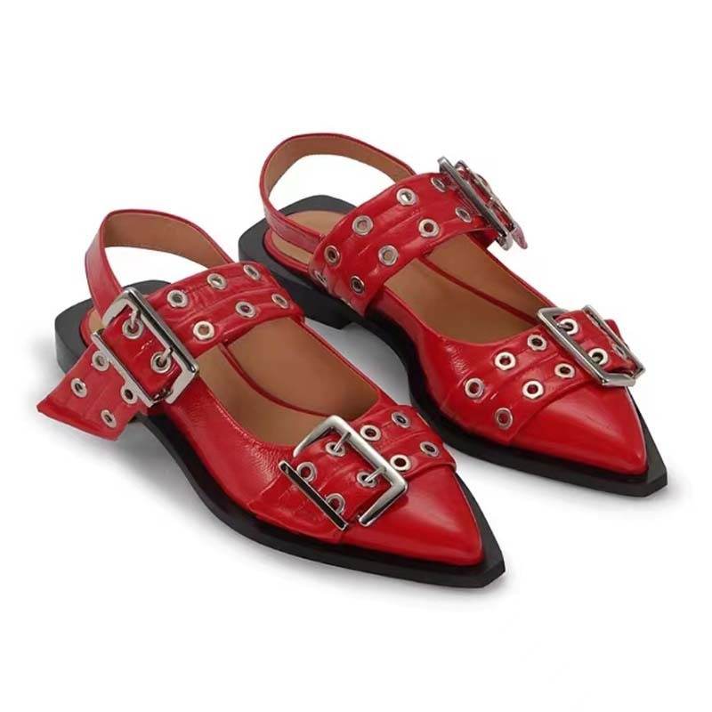 Pointed Toe Belt Buckle Mules Leather Flat Sandals - Mubimart