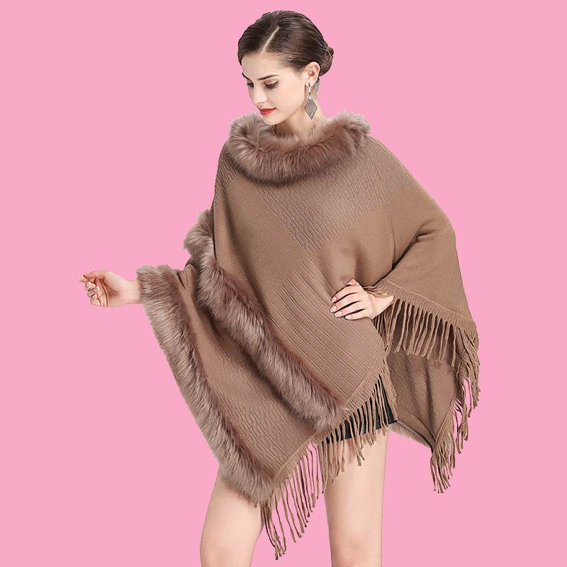Large Size Faux Fox Fur Mid-length Cape Shawl - Mubimart