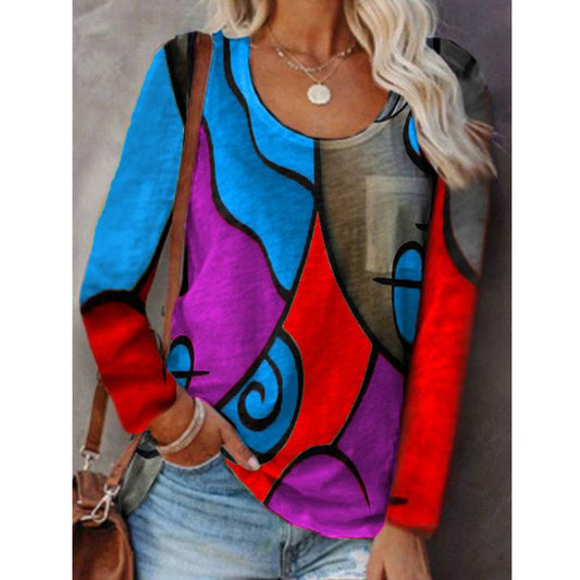 Casual Long-sleeved T-shirt Plus Size Color Matching Top - Mubimart