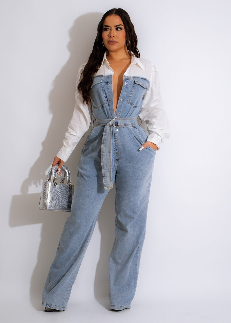 Casual Denim Stitching Plus Size Jumpsuit - Mubimart -  