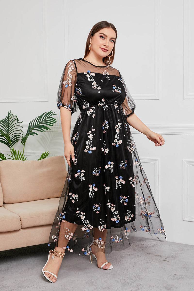Plus Size Dress Evening Dress Women's Mesh Embroidered Midi Dress - Mubimart
