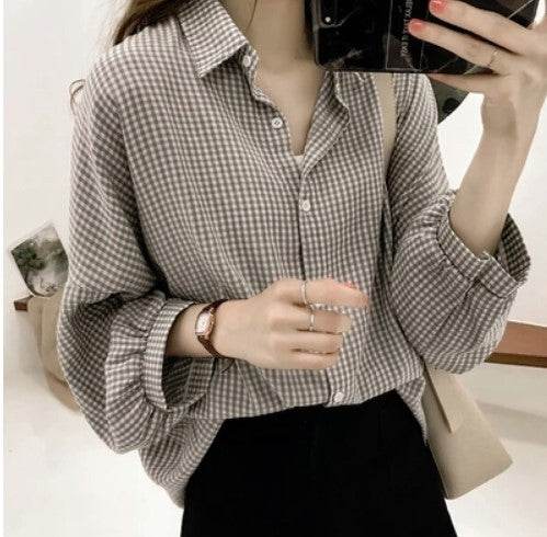 Blouses Shirts Women Loose Large Size M-4XL Plaid All-match - Mubimart