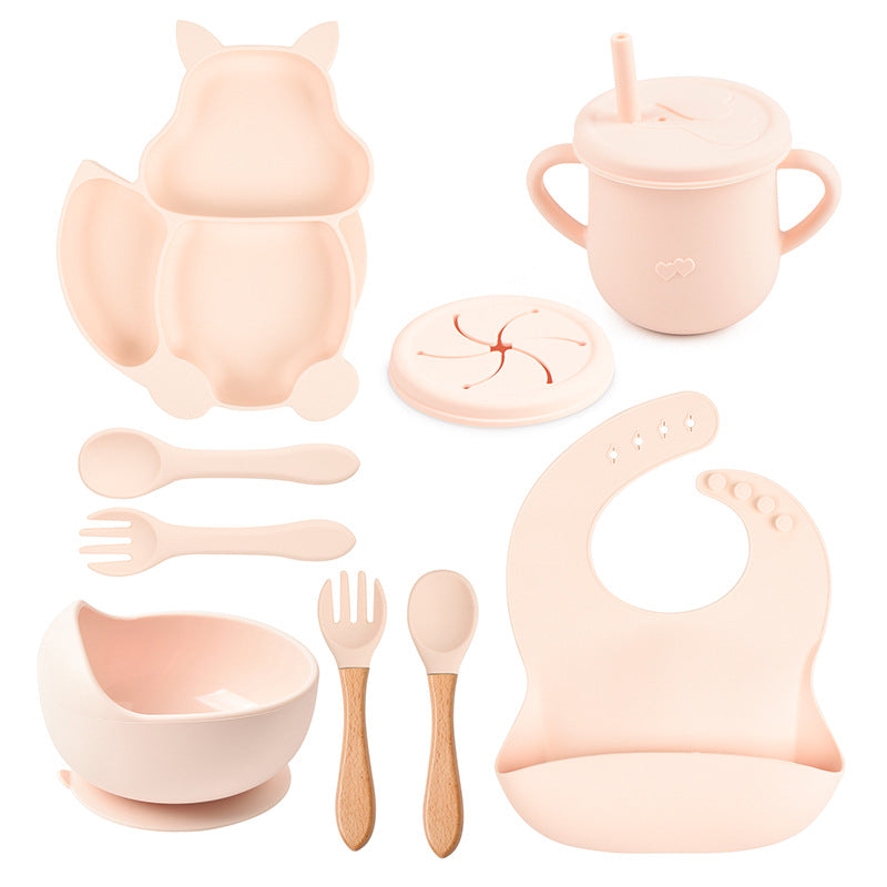 8 PCs Babies' Tableware Set Squirrel Dinner Plate Cup With Straw Silicone Bowl Bib Compartment Tray Spoon Fork Baby Bowl Wholesale - Mubimart -  