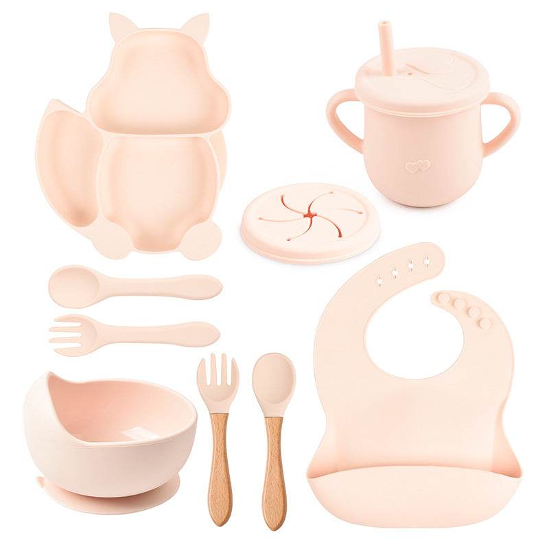 8 PCs Babies' Tableware Set Squirrel Dinner Plate Cup With Straw Silicone Bowl Bib Compartment Tray Spoon Fork Baby Bowl Wholesale - Mubimart