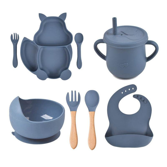 8 PCs Babies' Tableware Set Squirrel Dinner Plate Cup With Straw Silicone Bowl Bib Compartment Tray Spoon Fork Baby Bowl Wholesale - Mubimart