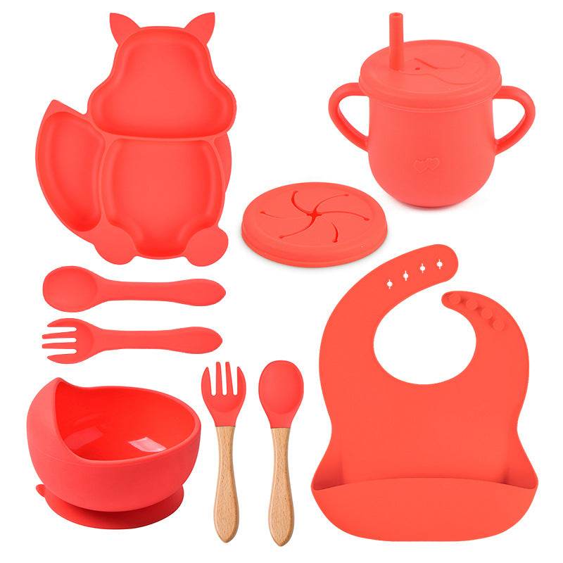 8 PCs Babies' Tableware Set Squirrel Dinner Plate Cup With Straw Silicone Bowl Bib Compartment Tray Spoon Fork Baby Bowl Wholesale - Mubimart