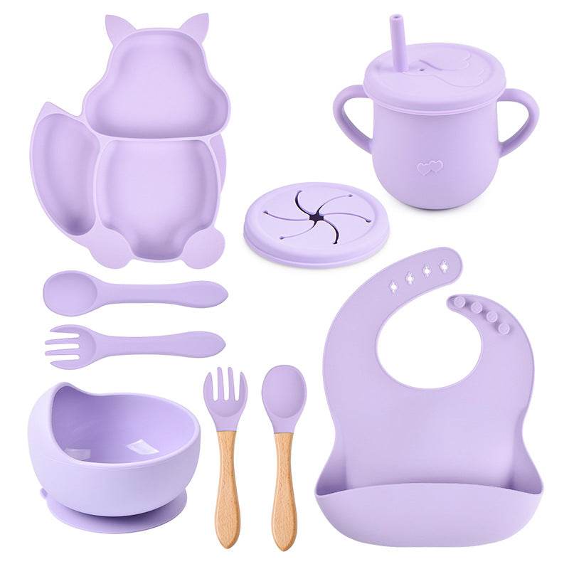 8 PCs Babies' Tableware Set Squirrel Dinner Plate Cup With Straw Silicone Bowl Bib Compartment Tray Spoon Fork Baby Bowl Wholesale - Mubimart