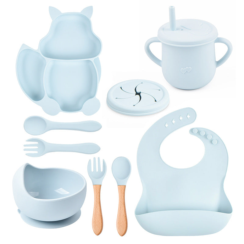 8 PCs Babies' Tableware Set Squirrel Dinner Plate Cup With Straw Silicone Bowl Bib Compartment Tray Spoon Fork Baby Bowl Wholesale - Mubimart -  