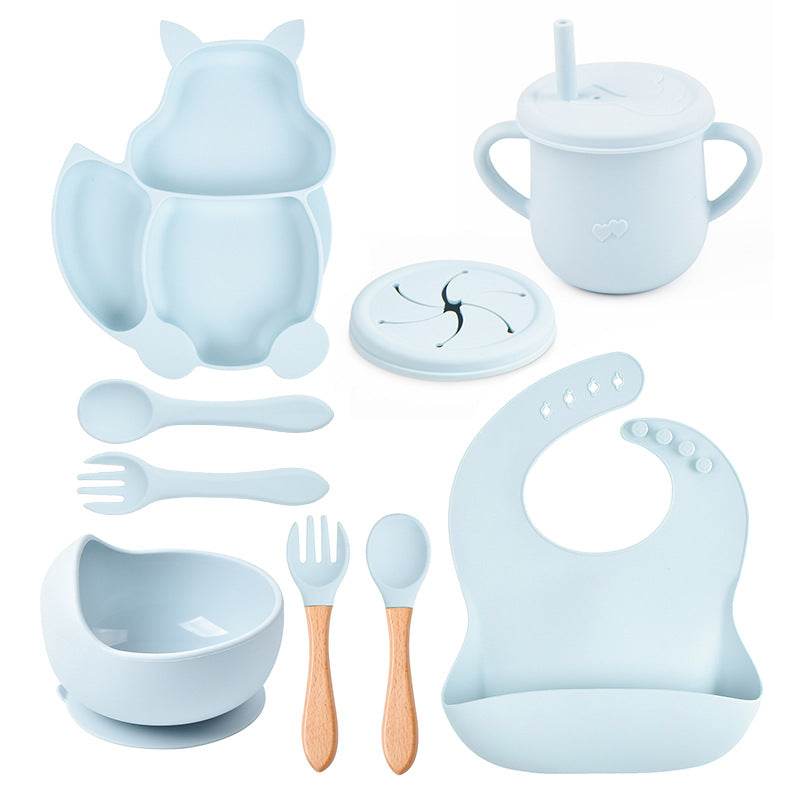 8 PCs Babies' Tableware Set Squirrel Dinner Plate Cup With Straw Silicone Bowl Bib Compartment Tray Spoon Fork Baby Bowl Wholesale - Mubimart
