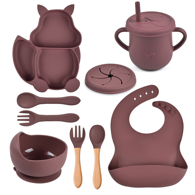 8 PCs Babies' Tableware Set Squirrel Dinner Plate Cup With Straw Silicone Bowl Bib Compartment Tray Spoon Fork Baby Bowl Wholesale - Mubimart -  