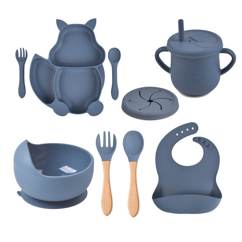 8 PCs Babies' Tableware Set Squirrel Dinner Plate Cup With Straw Silicone Bowl Bib Compartment Tray Spoon Fork Baby Bowl Wholesale - Mubimart - Dinner set 