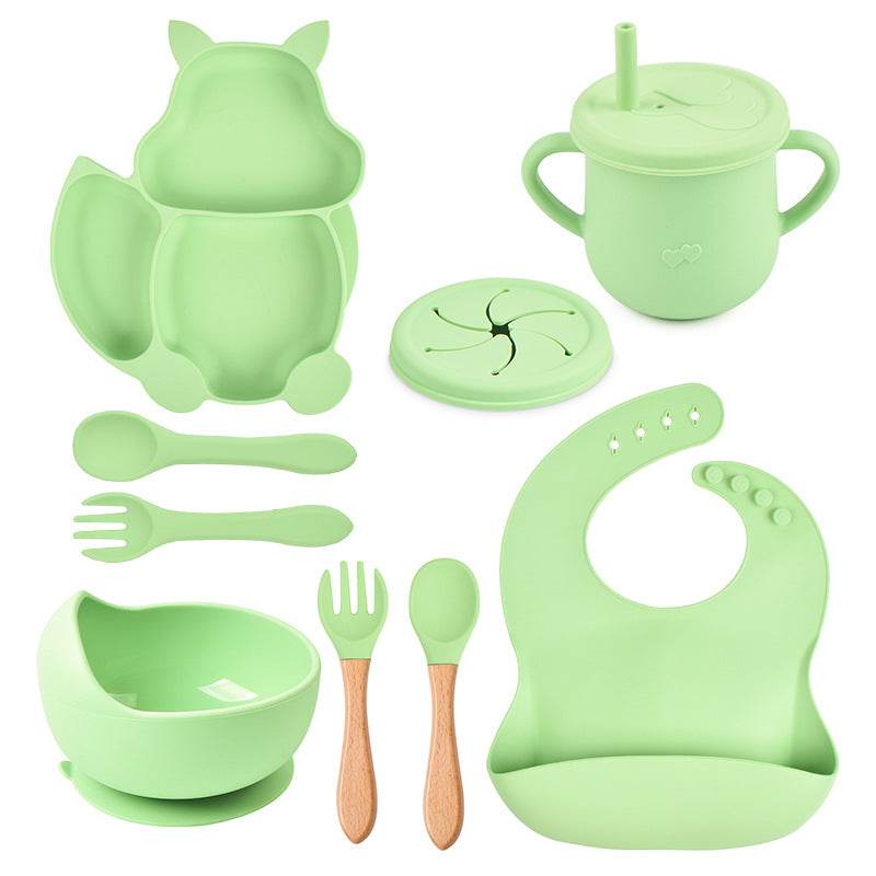 8 PCs Babies' Tableware Set Squirrel Dinner Plate Cup With Straw Silicone Bowl Bib Compartment Tray Spoon Fork Baby Bowl Wholesale - Mubimart
