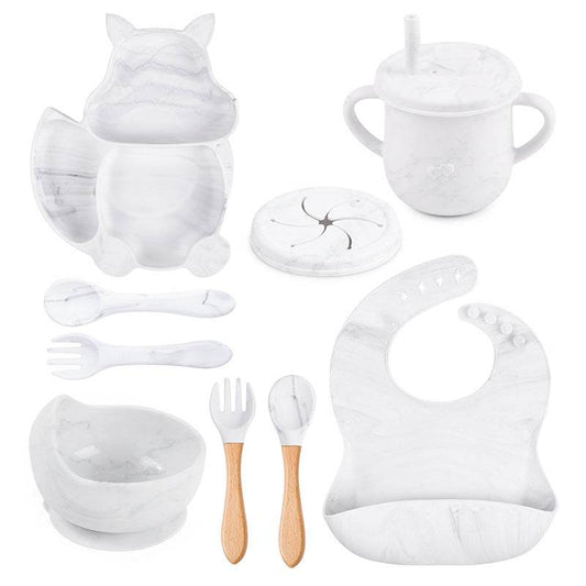 8 PCs Babies' Tableware Set Squirrel Dinner Plate Cup With Straw Silicone Bowl Bib Compartment Tray Spoon Fork Baby Bowl Wholesale - Mubimart