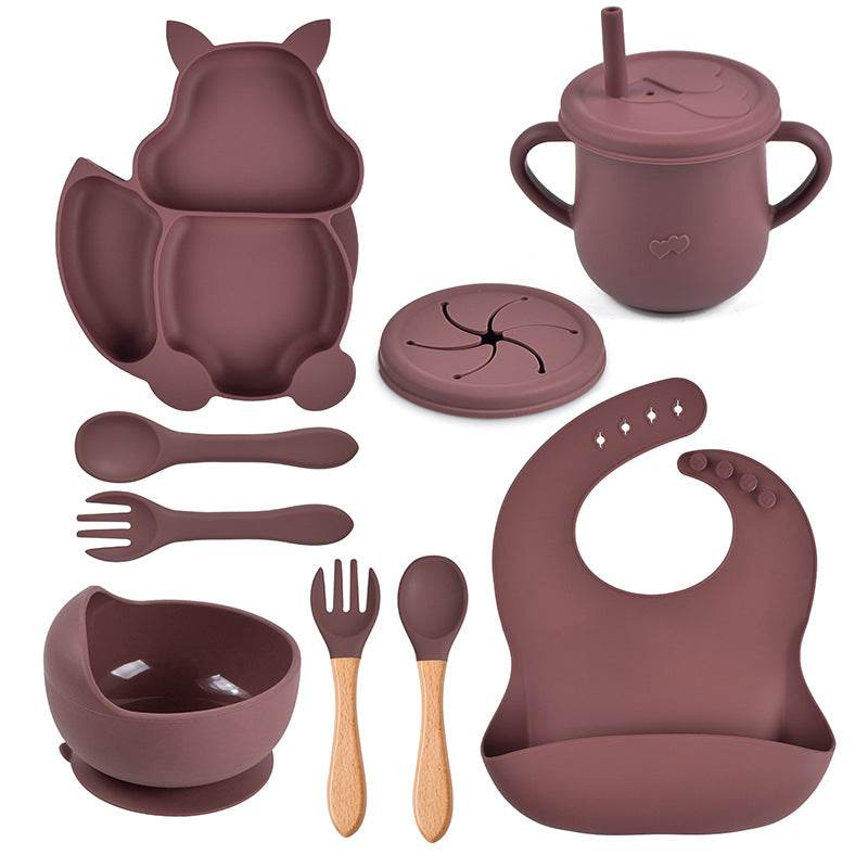 8 PCs Babies' Tableware Set Squirrel Dinner Plate Cup With Straw Silicone Bowl Bib Compartment Tray Spoon Fork Baby Bowl Wholesale - Mubimart