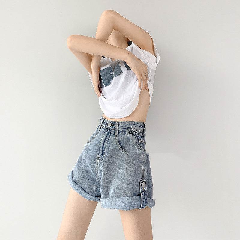 Fashionable Hot Girl Overalls Denim Shorts Women Rolled Hem - Mubimart