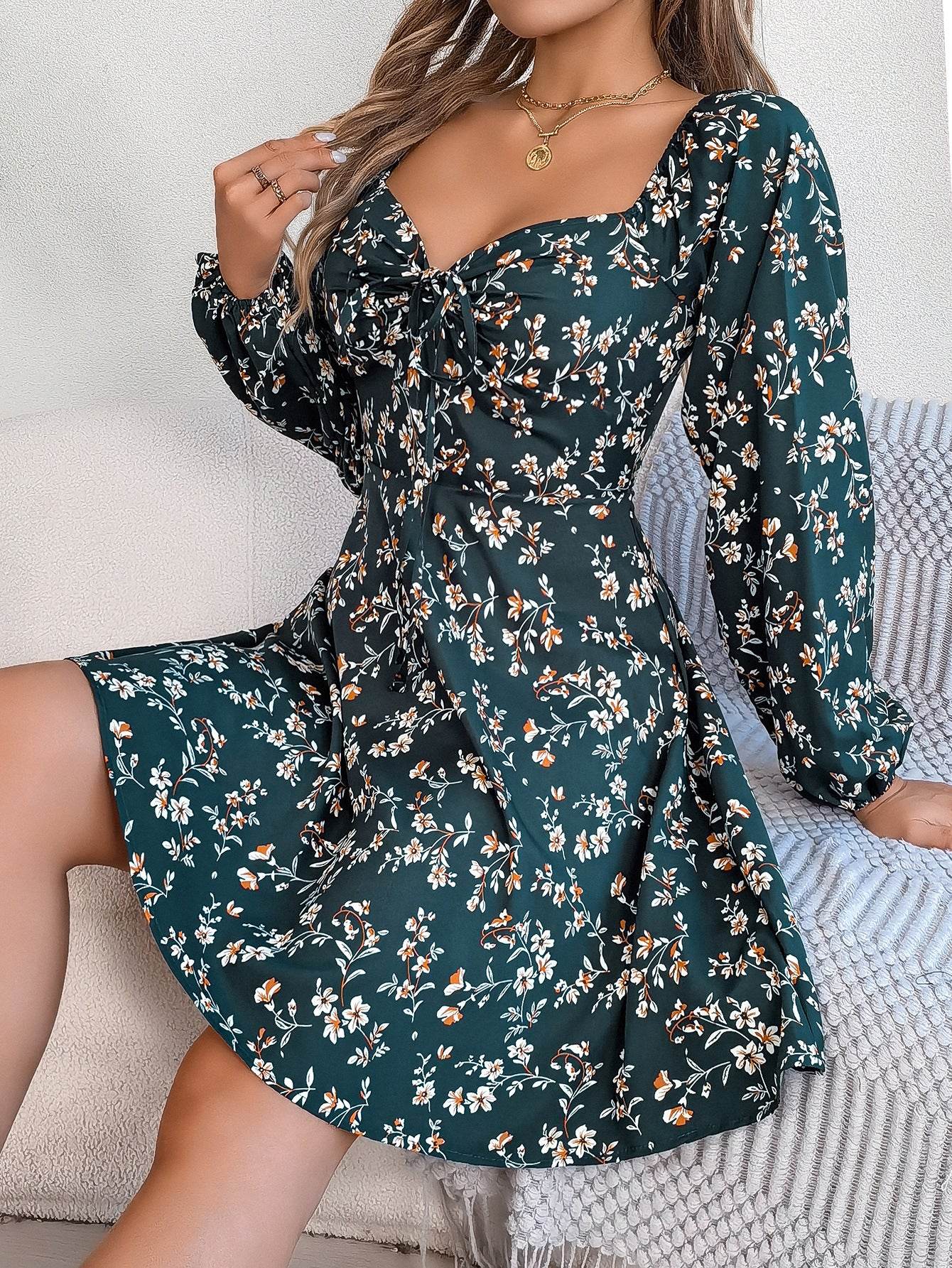 Fashion Floral Print Lantern Sleeve Dress Casual Sexy Tie Square Neck Long Sleeve A-Line Dress Women's Clothing - Mubimart