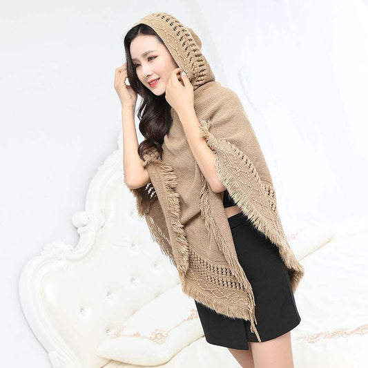 Solid Color Hollow Tassel Plus Size Cape And Shawl - Mubimart