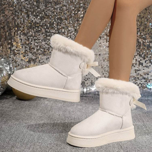 Winter Snow Boots With Bowknot Fashion Round Toe Flat Thickened Suede Cotton Shoes For Women Casual Warm Plush Short Boot - Mubimart