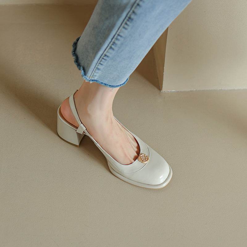 Thick High Heel Cowhide Toe Cap Slingback Sandals Women - Mubimart