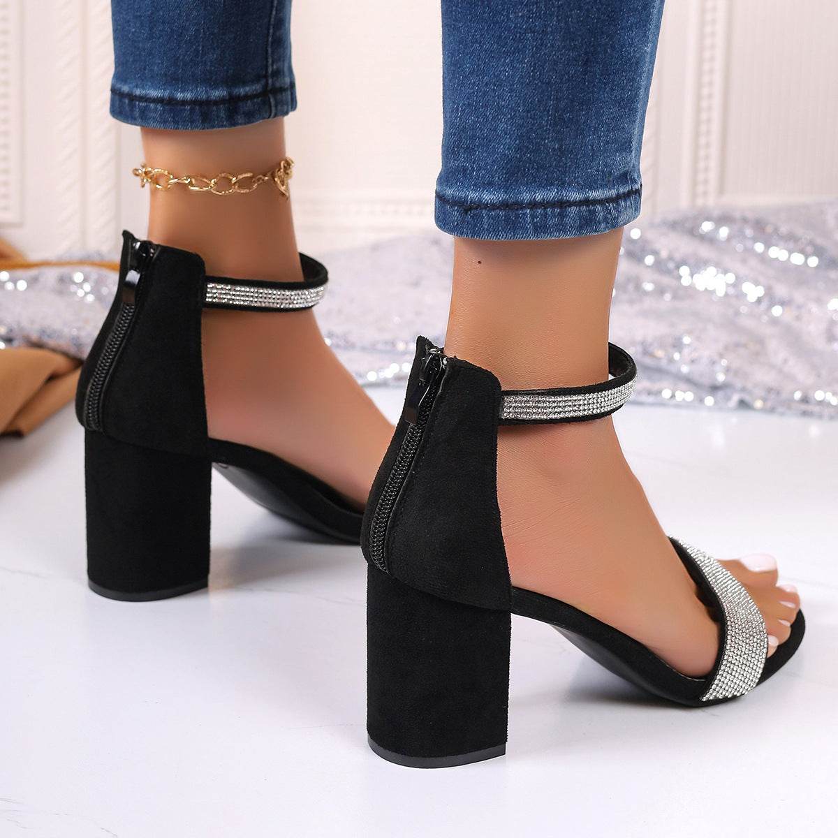 Rhinestone High Heel Sandals Summer Chunky Square Heel Sandals Open Toe Strappy Shoes - Mubimart