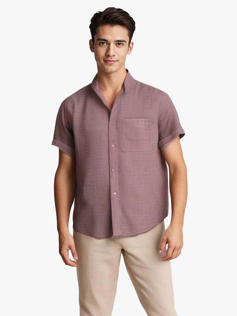 Solid-color Short-sleeved Lapel Shirt Summer Breathable Cotton And Linen Top Mens Clothing - Mubimart