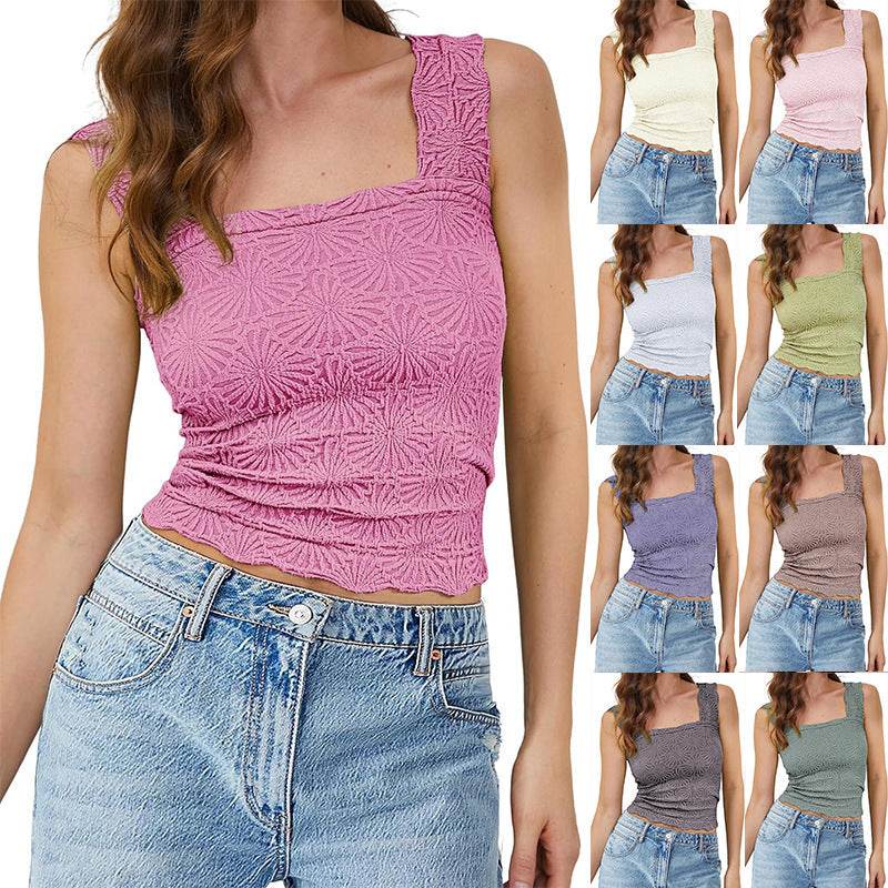 New Slim Fit Square Neck Vest Summer Fashion Jacquard Sleeveless Top For Women Clothing - Mubimart