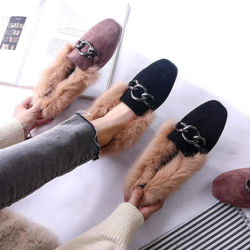 Rabbit fur and velvet cotton flats - Mubimart