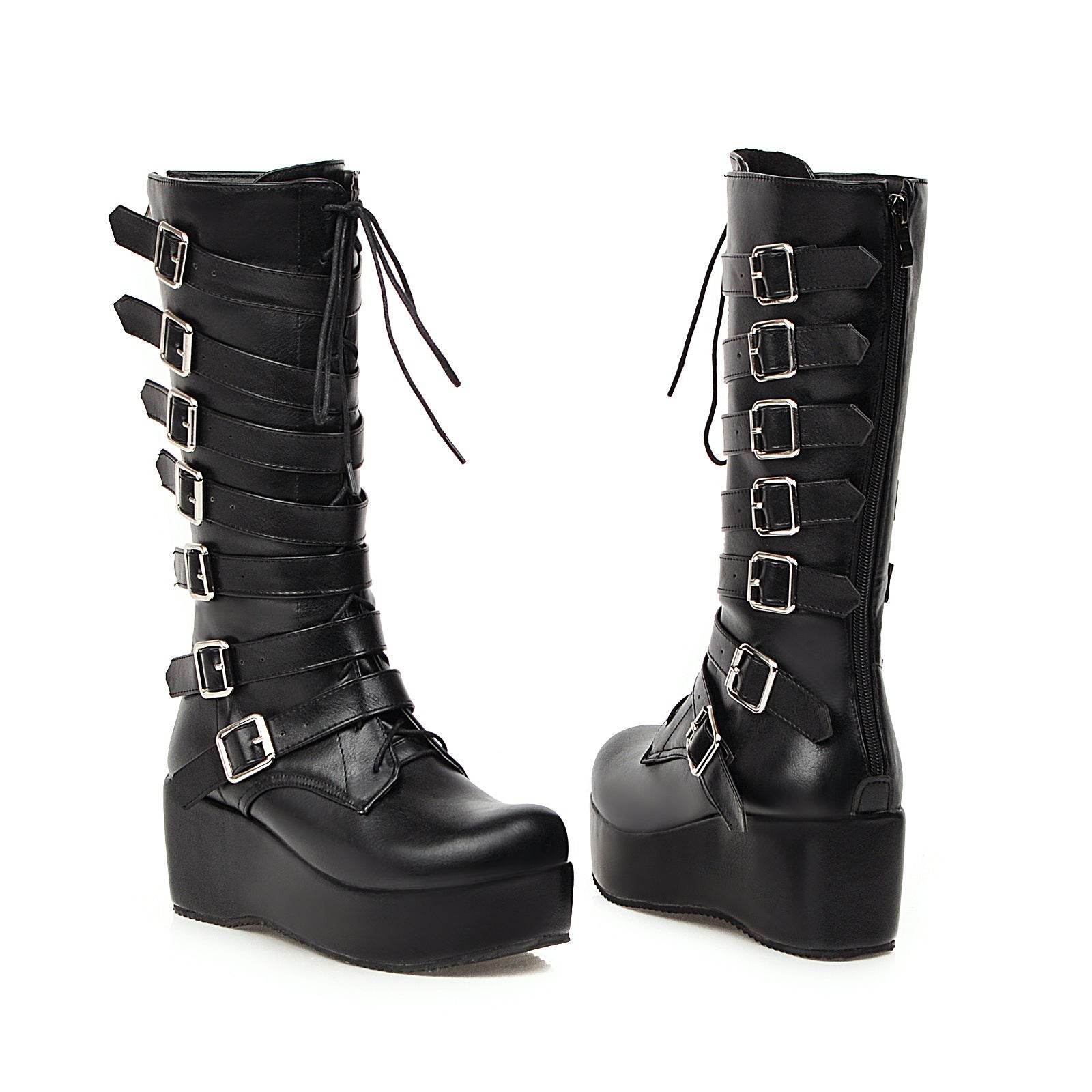New wedged belt buckle middle boot for women - Mubimart