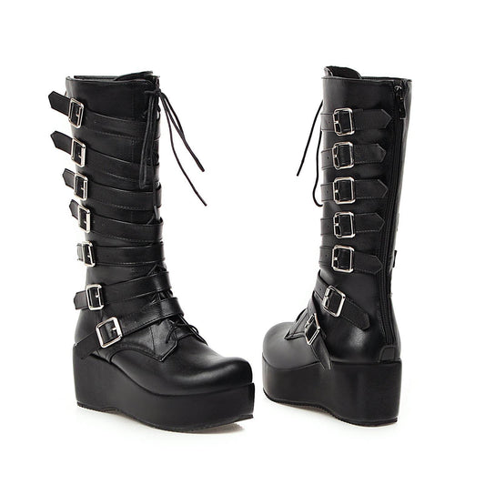 New wedged belt buckle middle boot for women - Mubimart