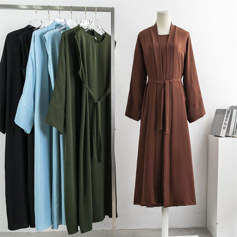 Turkey Dubai Robe Plus Size Solid Color Dress Two-piece Set - Mubimart -  