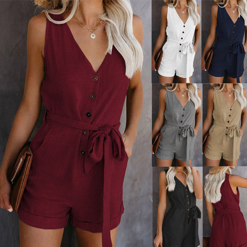 Women Playsuit Summer V Neck Sleeveless Button Belt Bow Casual Jumpsuit Solid Romper Elegant Tunic Short Overalls - Mubimart - Tunic 