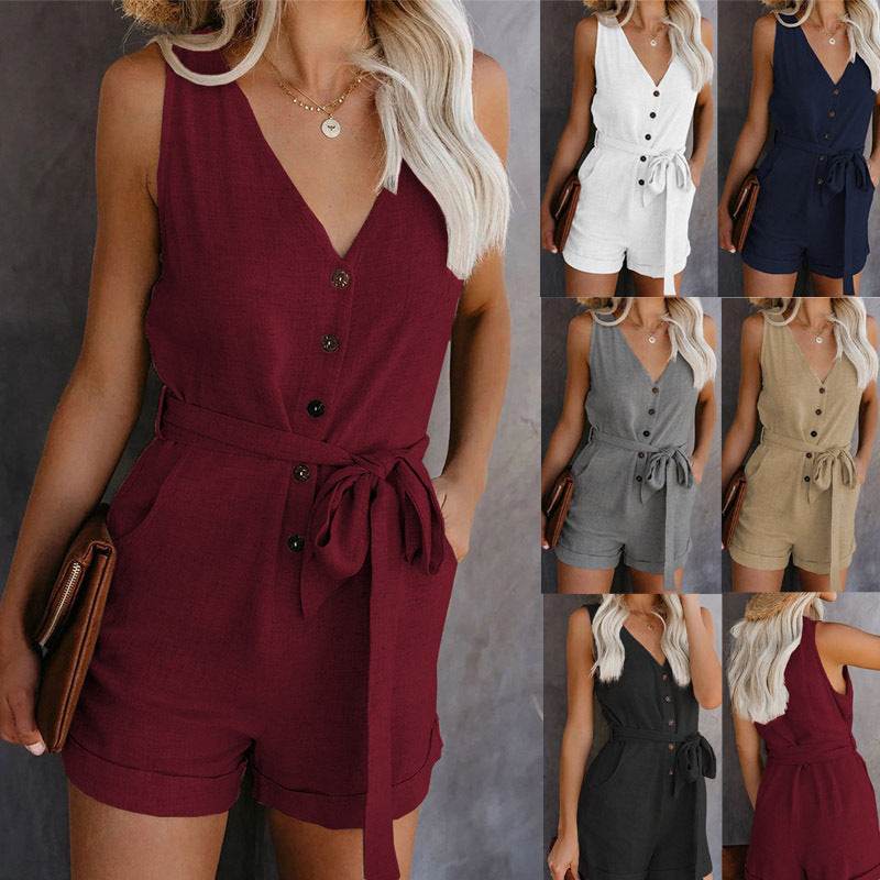 Women Playsuit Summer V Neck Sleeveless Button Belt Bow Casual Jumpsuit Solid Romper Elegant Tunic Short Overalls - Mubimart