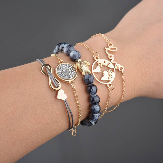 Vintage Turtle Heart Map Charm Bracelets Set For Women 2 New Design Stone Beads Infinite Bracelet Boho Jewelry Wholesale - Mubimart