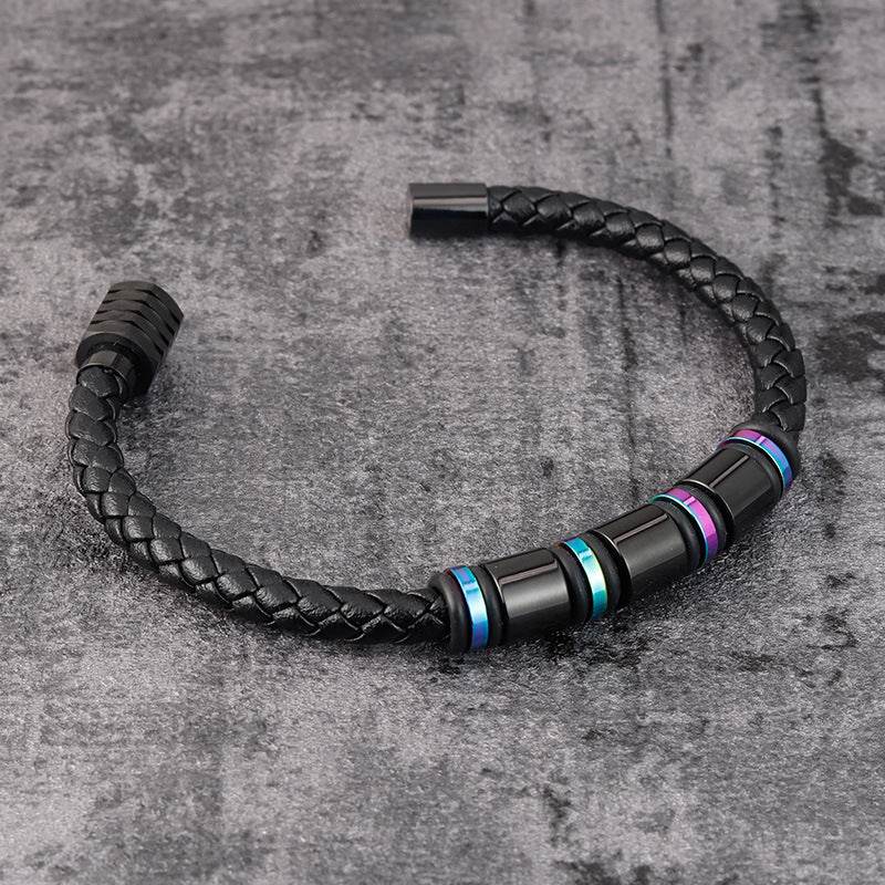Mens Leather Titanium Steel Simple Bracelet - Mubimart