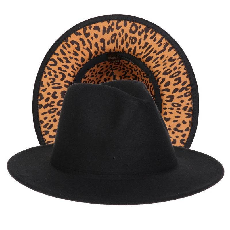 Double-sided Color-blocking Leopard Print Woolen Fedora Hat - Mubimart